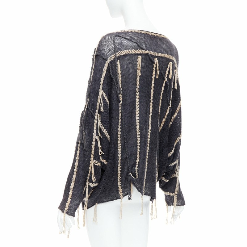 ISSEY MIYAKE Vintage 1980s light grey striped paneled side fringe trim skirt M-5