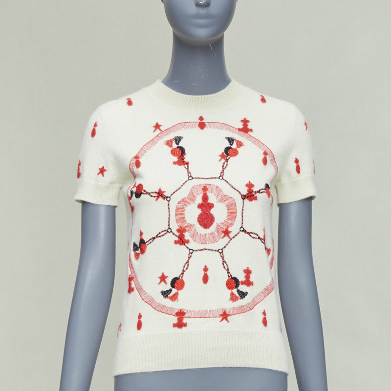 HERMES Vintage Poste et Cavalerie 100% cashmere cream embroidered sweater FR40 L-0