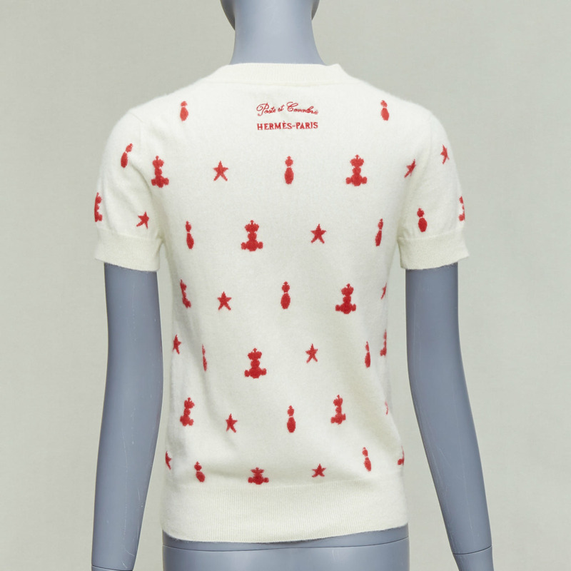 HERMES Vintage Poste et Cavalerie 100% cashmere cream embroidered sweater FR40 L-4