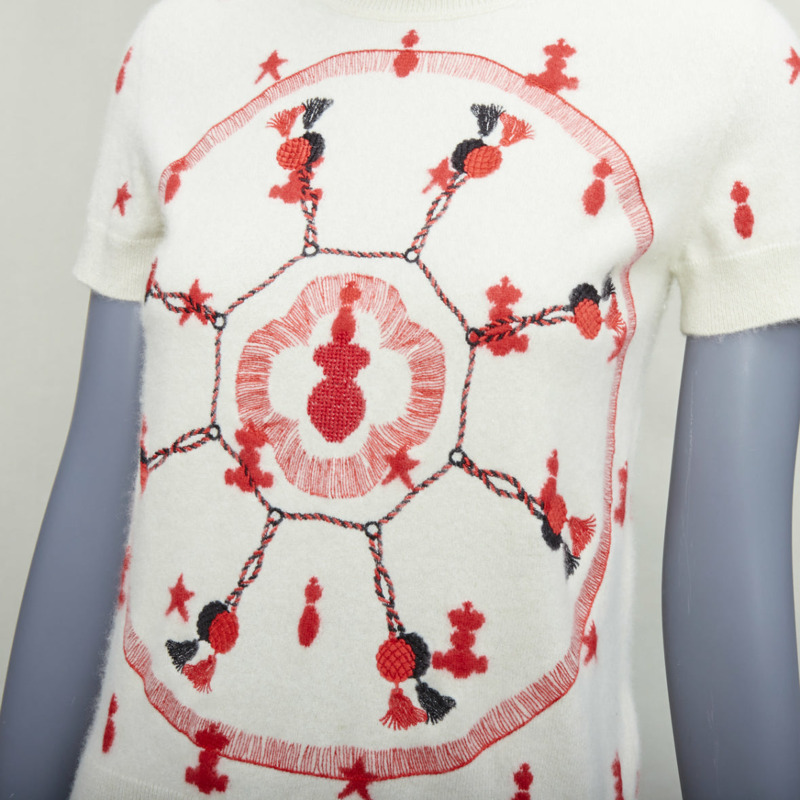 HERMES Vintage Poste et Cavalerie 100% cashmere cream embroidered sweater FR40 L-6