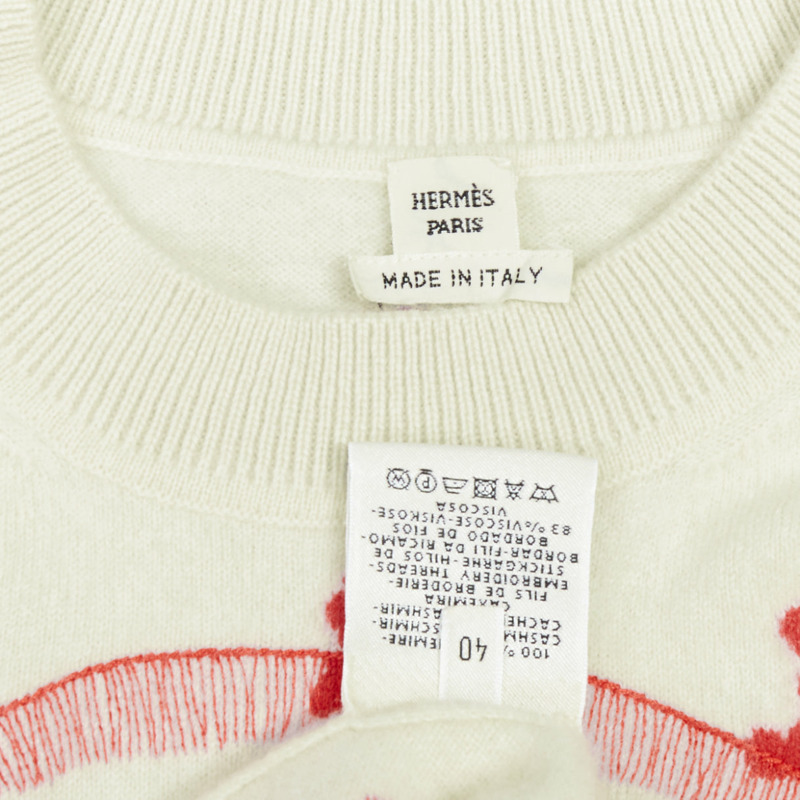 HERMES Vintage Poste et Cavalerie 100% cashmere cream embroidered sweater FR40 L-7