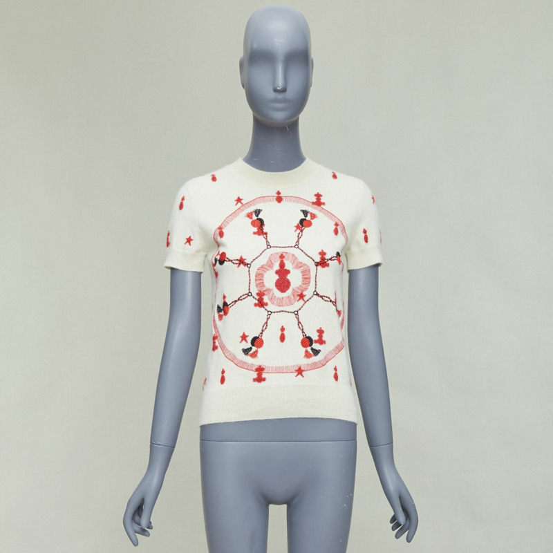 HERMES Vintage Poste et Cavalerie 100% cashmere cream embroidered sweater FR40 L-8