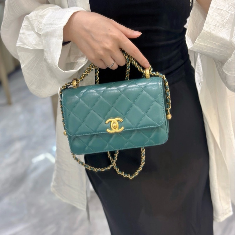 CHANEL/香奈兒 斜挎包 雙金珠 牛皮 綠色 Mini 迷你 19x12 undefined/芯片款-0