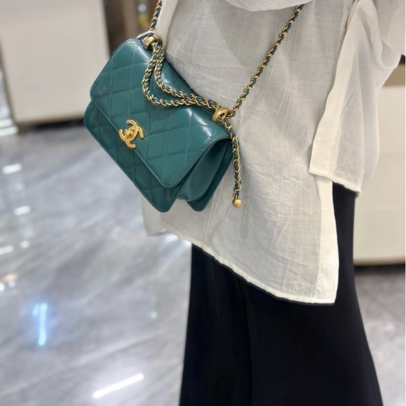 CHANEL/香奈兒 斜挎包 雙金珠 牛皮 綠色 Mini 迷你 19x12 undefined/芯片款-1