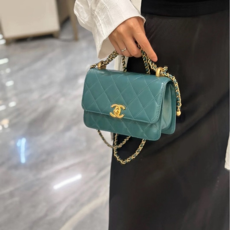 CHANEL/香奈兒 斜挎包 雙金珠 牛皮 綠色 Mini 迷你 19x12 undefined/芯片款-2