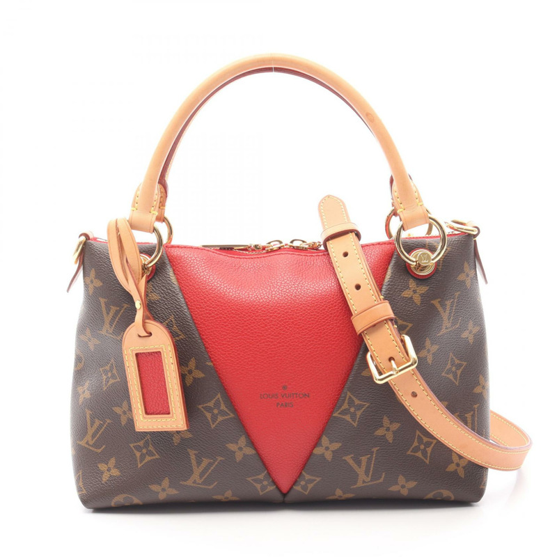 LOUIS VUITTON V 托特包 BB 單肩包 手提包 M43966 字母組合帆布皮革紅色二手-0