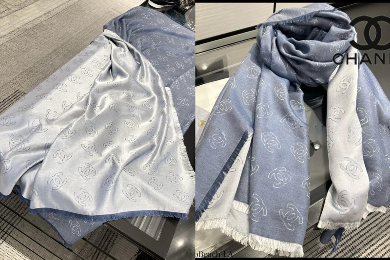 Chanel雙面絲質圍巾披肩 牛仔藍 銀色-0