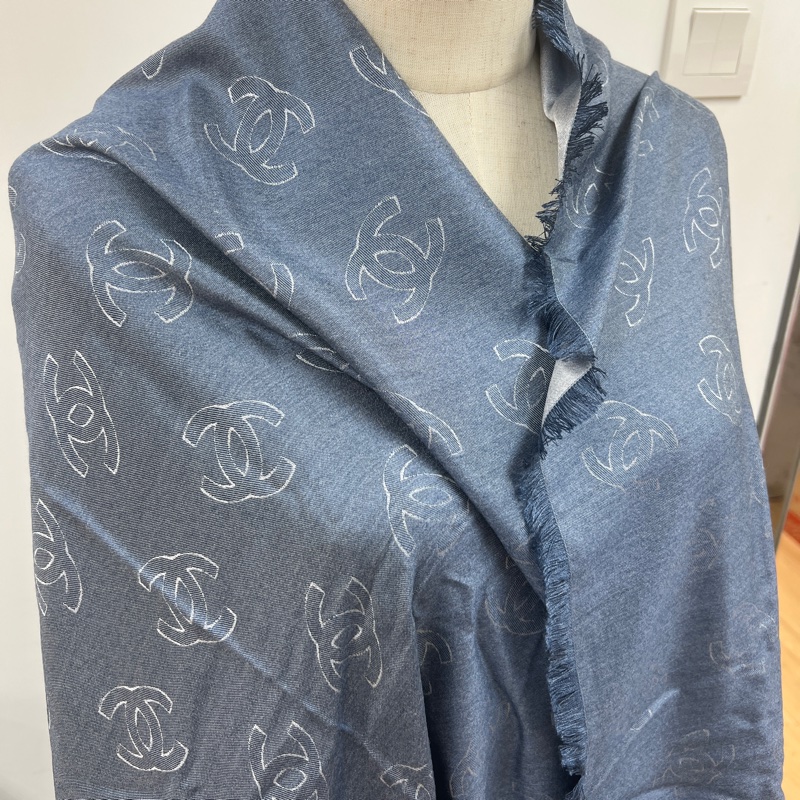 Chanel雙面絲質圍巾披肩 牛仔藍 銀色-4