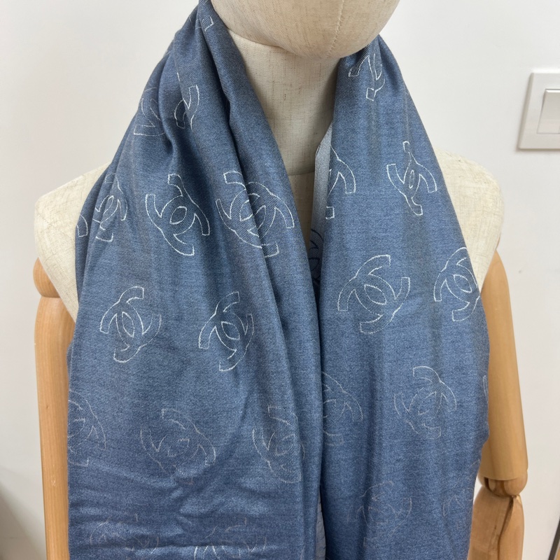 Chanel雙面絲質圍巾披肩 牛仔藍 銀色-6