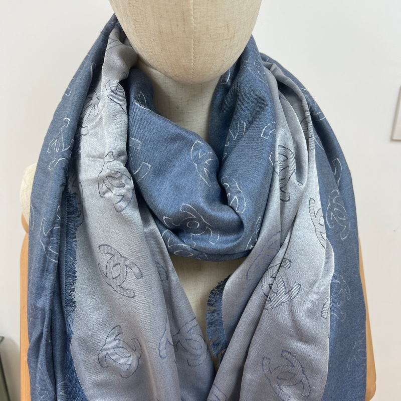 Chanel雙面絲質圍巾披肩 牛仔藍 銀色-7