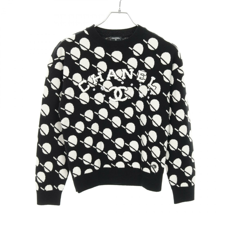 CHANEL CC 標誌花朵針織毛衣 P77905K11244 羊絨黑白 #34 二手女士-0