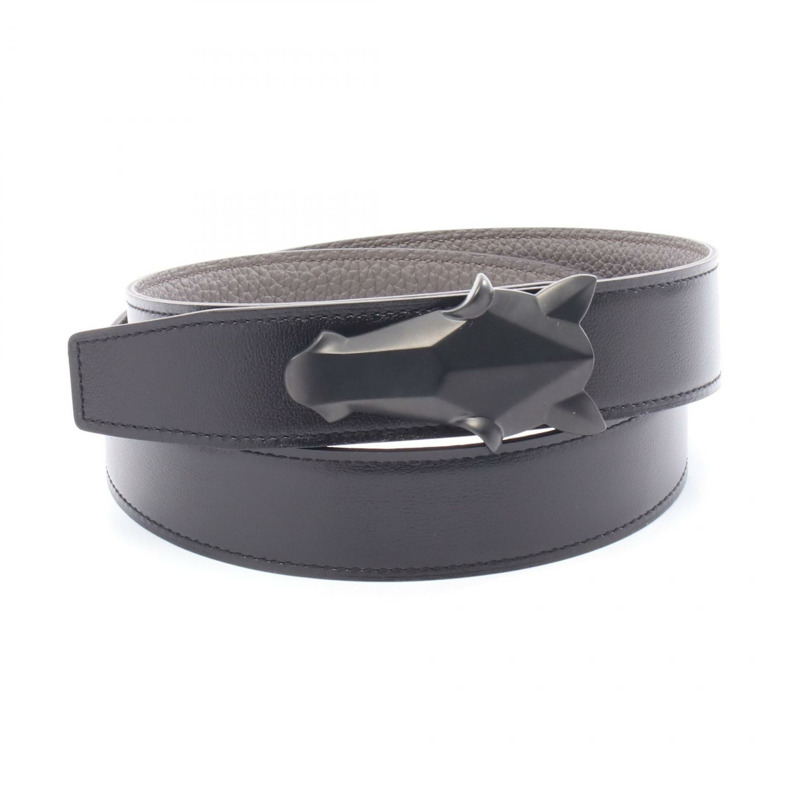 HERMES Destrier 皮帶 Togo Box 小牛皮 135 皮革 黑色 灰色 二手 男士 #90-0