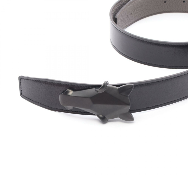 HERMES Destrier 皮帶 Togo Box 小牛皮 135 皮革 黑色 灰色 二手 男士 #90-1