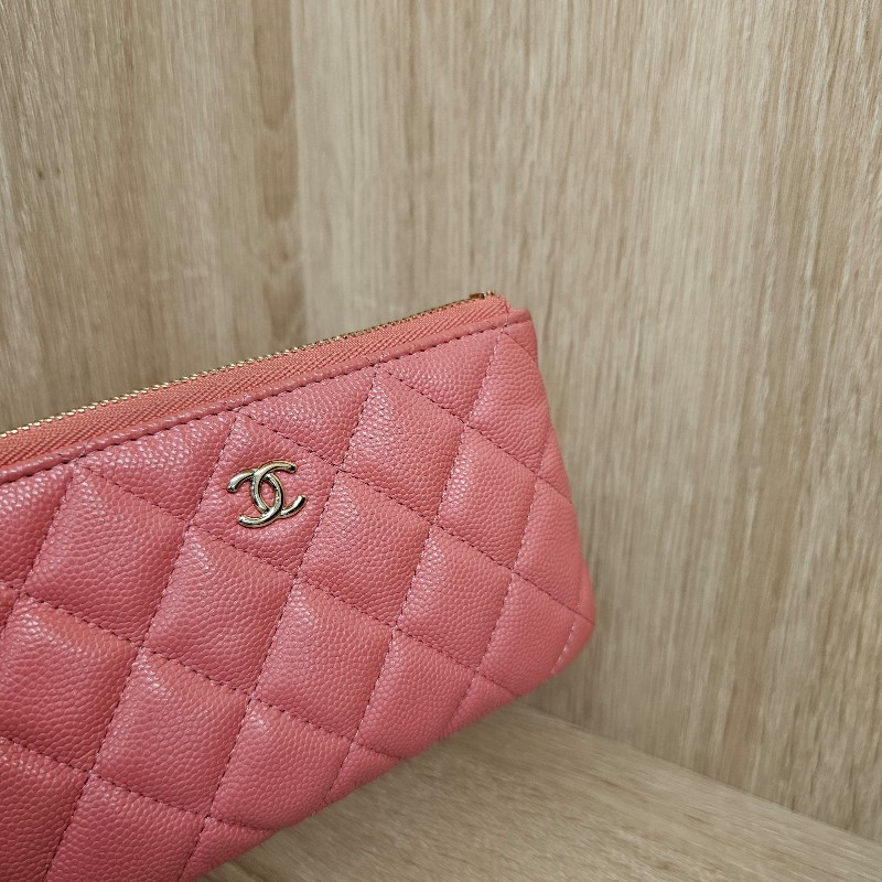 [配件齊❣️] Chanel 玫粉荔枝皮金釦拉鏈零錢卡包-3