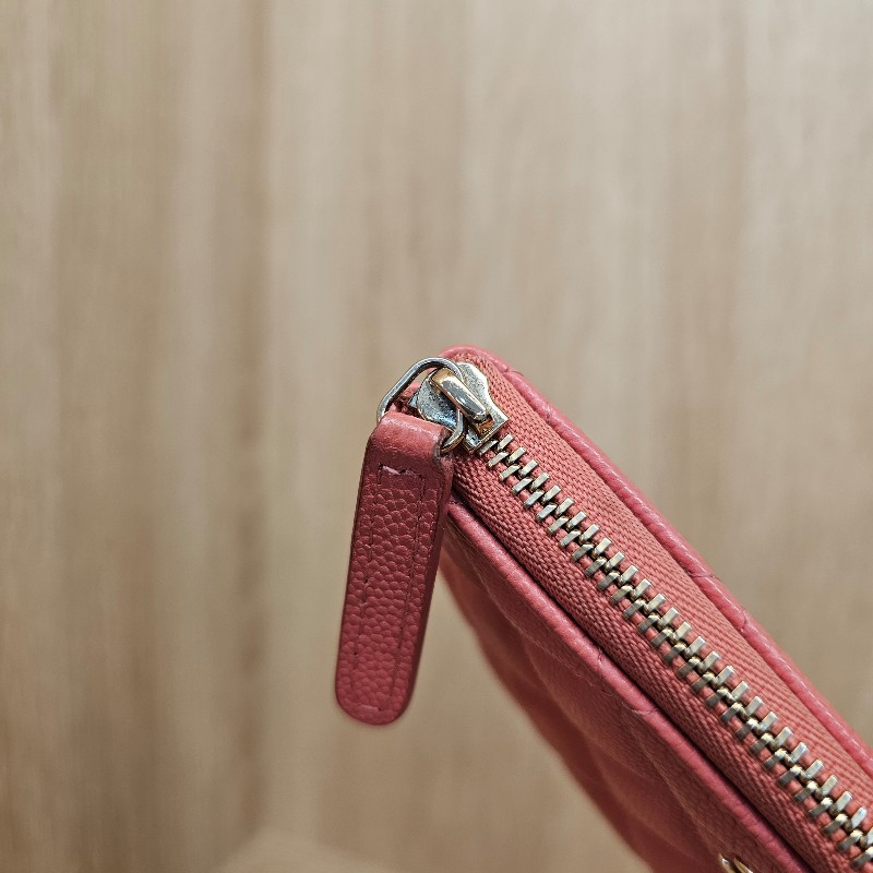 [配件齊❣️] Chanel 玫粉荔枝皮金釦拉鏈零錢卡包-5
