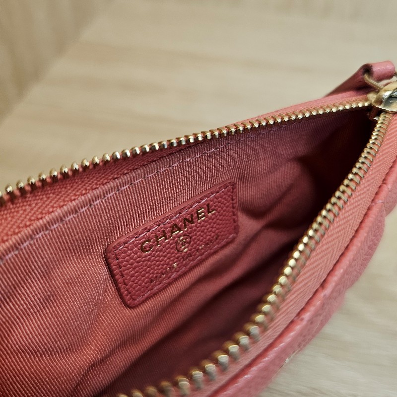 [配件齊❣️] Chanel 玫粉荔枝皮金釦拉鏈零錢卡包-11