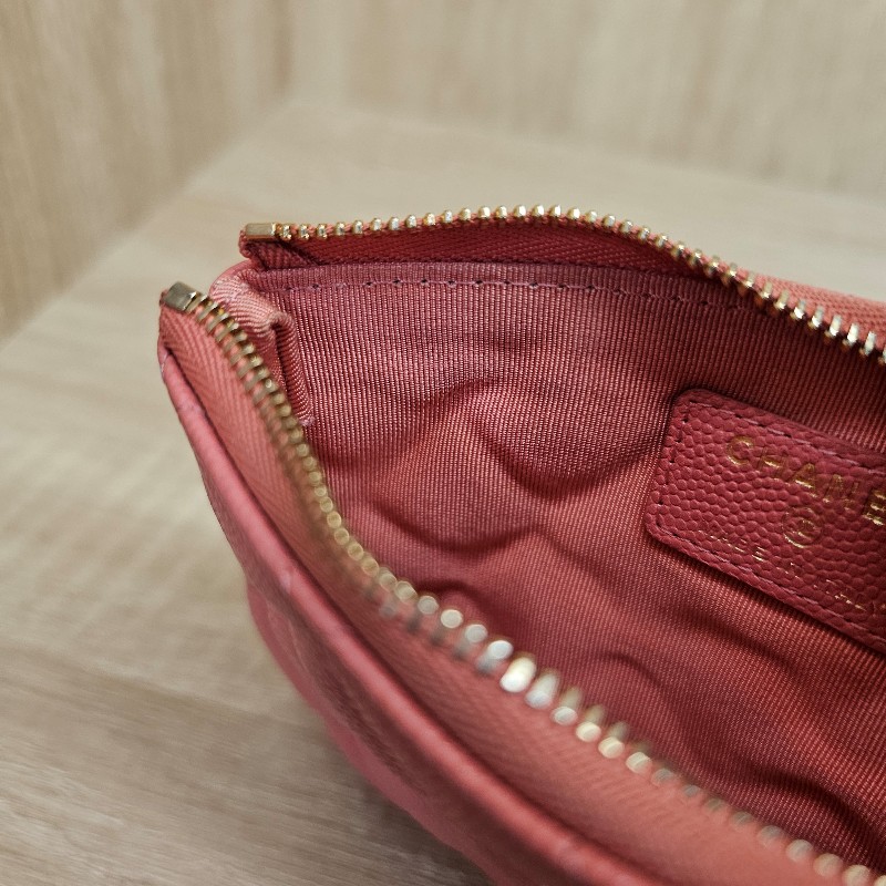 [配件齊❣️] Chanel 玫粉荔枝皮金釦拉鏈零錢卡包-12