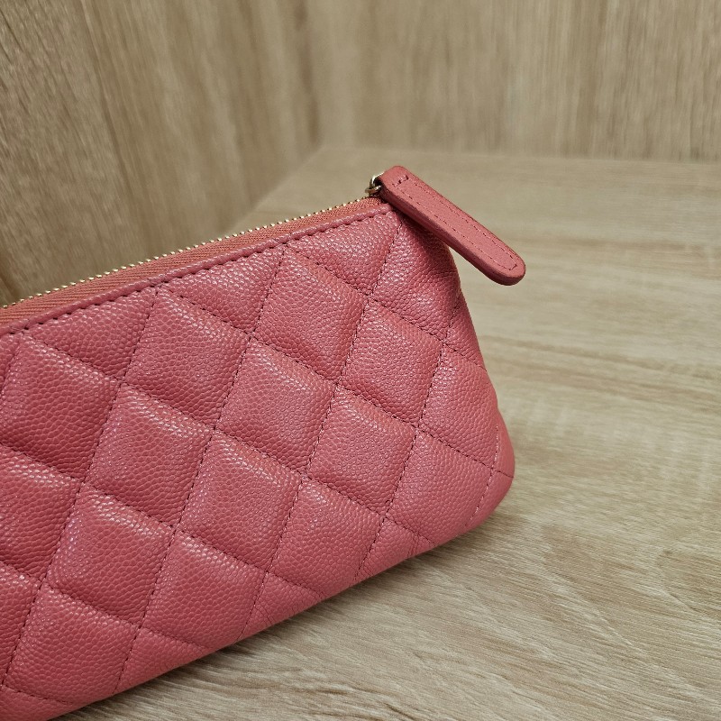 [配件齊❣️] Chanel 玫粉荔枝皮金釦拉鏈零錢卡包-16