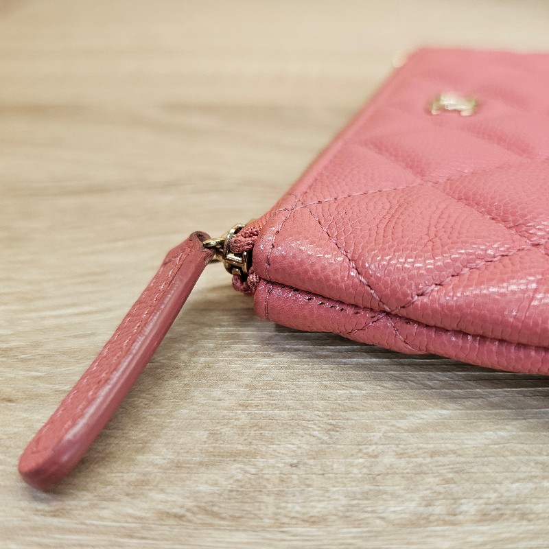[配件齊❣️] Chanel 玫粉荔枝皮金釦拉鏈零錢卡包-17