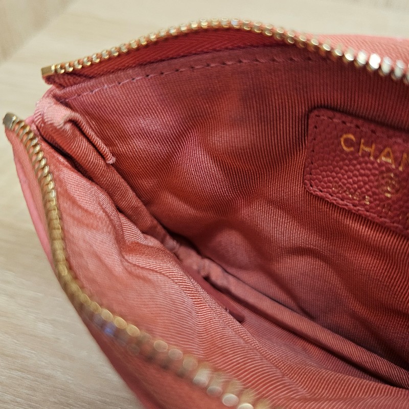 [配件齊❣️] Chanel 玫粉荔枝皮金釦拉鏈零錢卡包-20