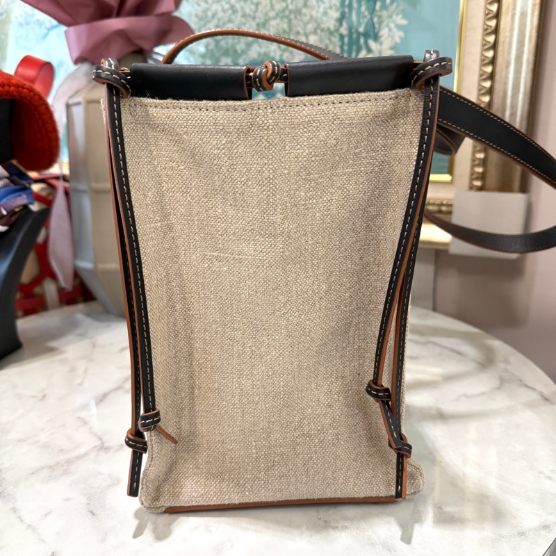 Loewe米色刺繡Logo黑咖皮邊Cushion Tote 手提托特包-3