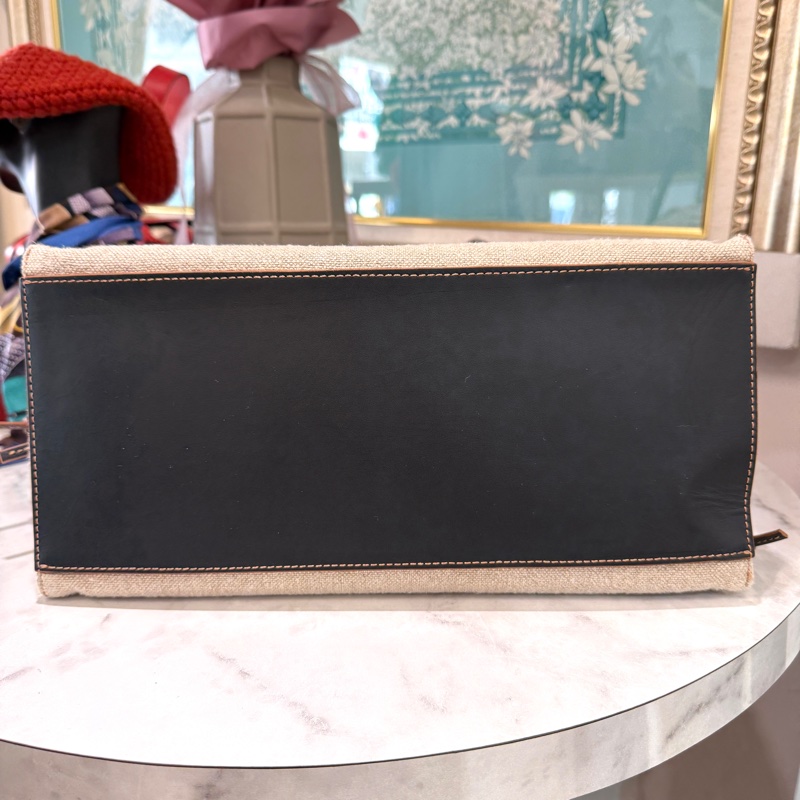Loewe米色刺繡Logo黑咖皮邊Cushion Tote 手提托特包-4