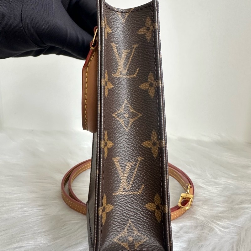 路易威登/LV琴譜mini 晶片 Petit Sac Plat 經典老花滿印斜背包塗層帆布拼牛皮托特-4
