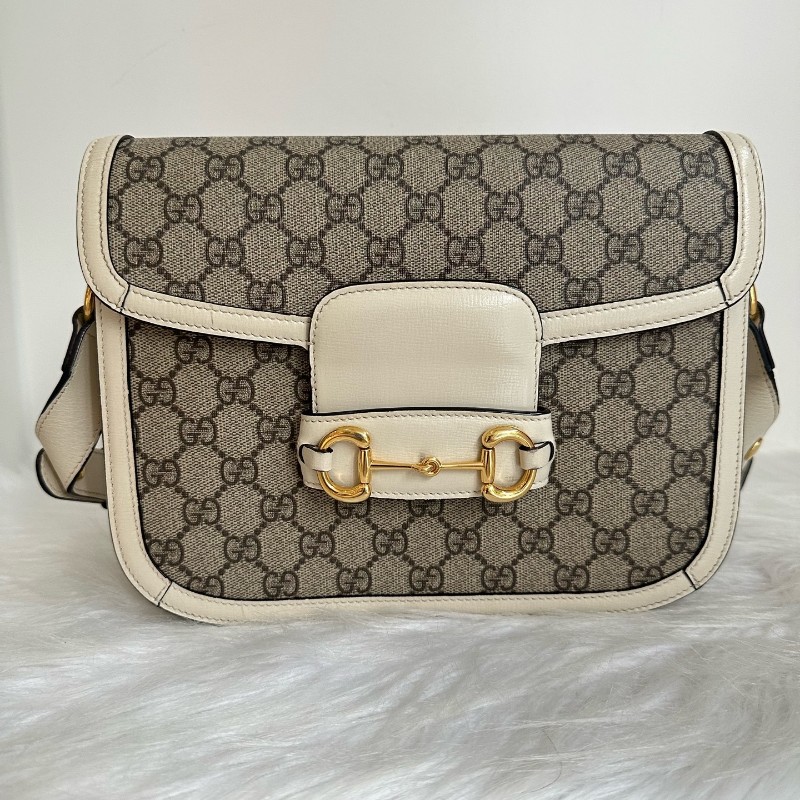 古馳/Gucci Horsebit 1955 中號馬銜扣復古金扣老花Logo 帆布拼皮革 帆布包馬鞍包 肩背包-0