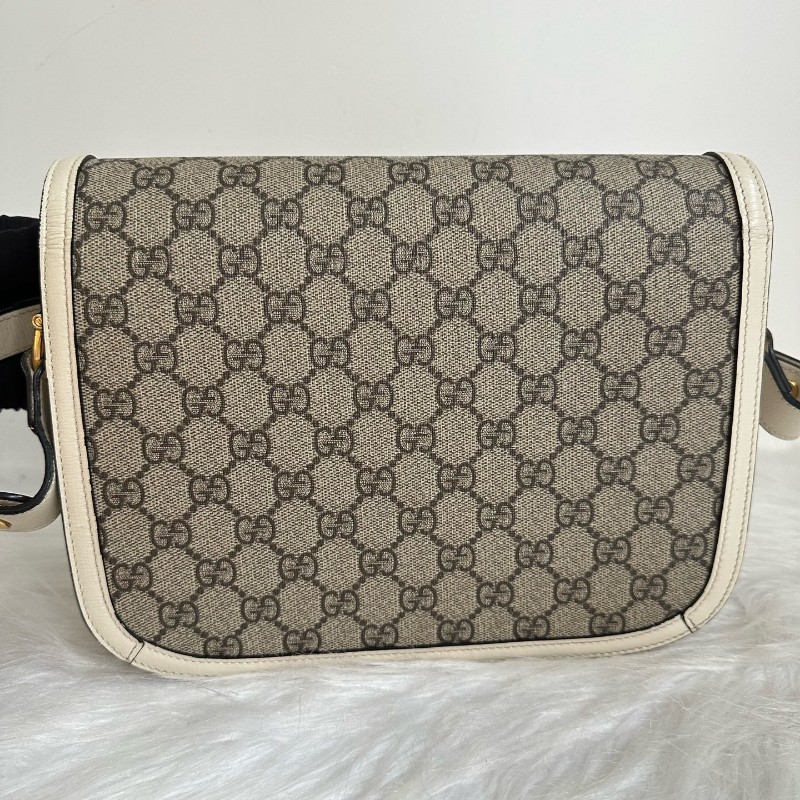 古馳/Gucci Horsebit 1955 中號馬銜扣復古金扣老花Logo 帆布拼皮革 帆布包馬鞍包 肩背包-1
