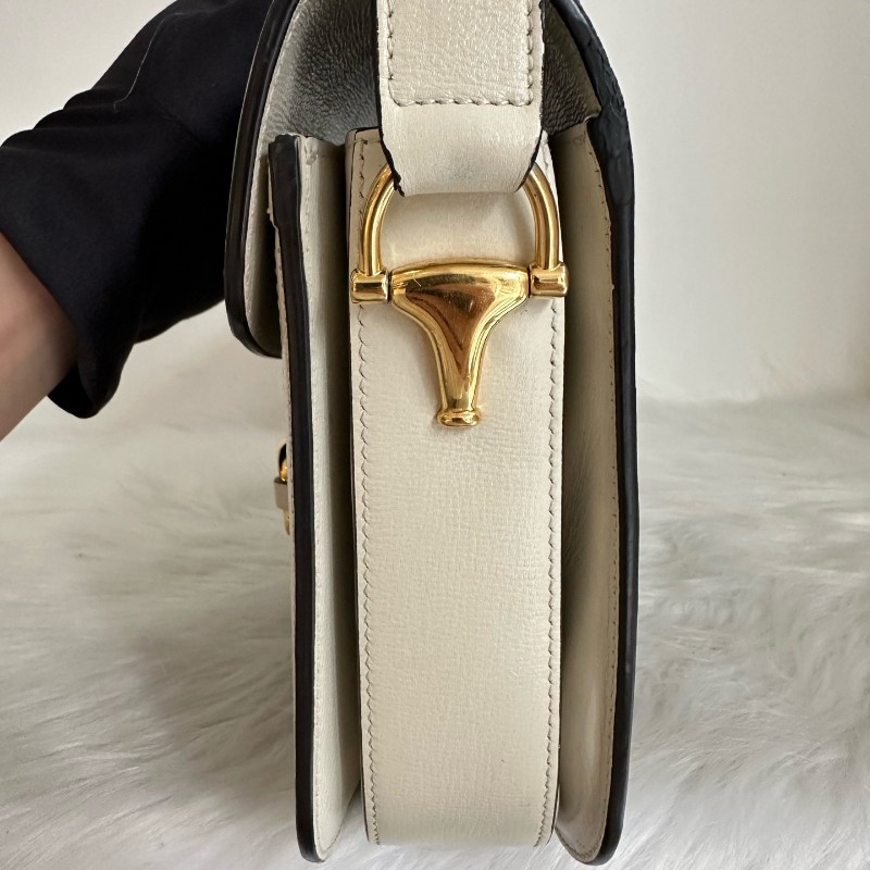 古馳/Gucci Horsebit 1955 中號馬銜扣復古金扣老花Logo 帆布拼皮革 帆布包馬鞍包 肩背包-2