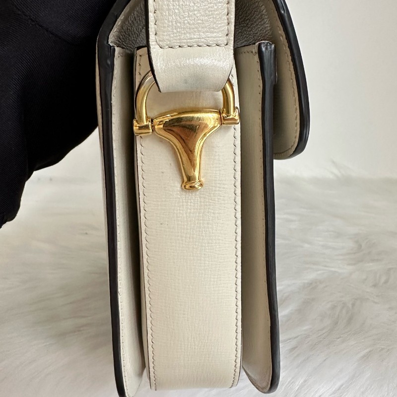 古馳/Gucci Horsebit 1955 中號馬銜扣復古金扣老花Logo 帆布拼皮革 帆布包馬鞍包 肩背包-3
