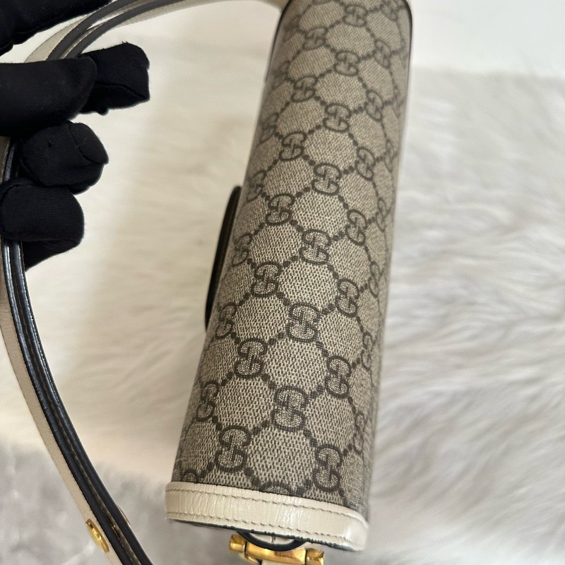 古馳/Gucci Horsebit 1955 中號馬銜扣復古金扣老花Logo 帆布拼皮革 帆布包馬鞍包 肩背包-7