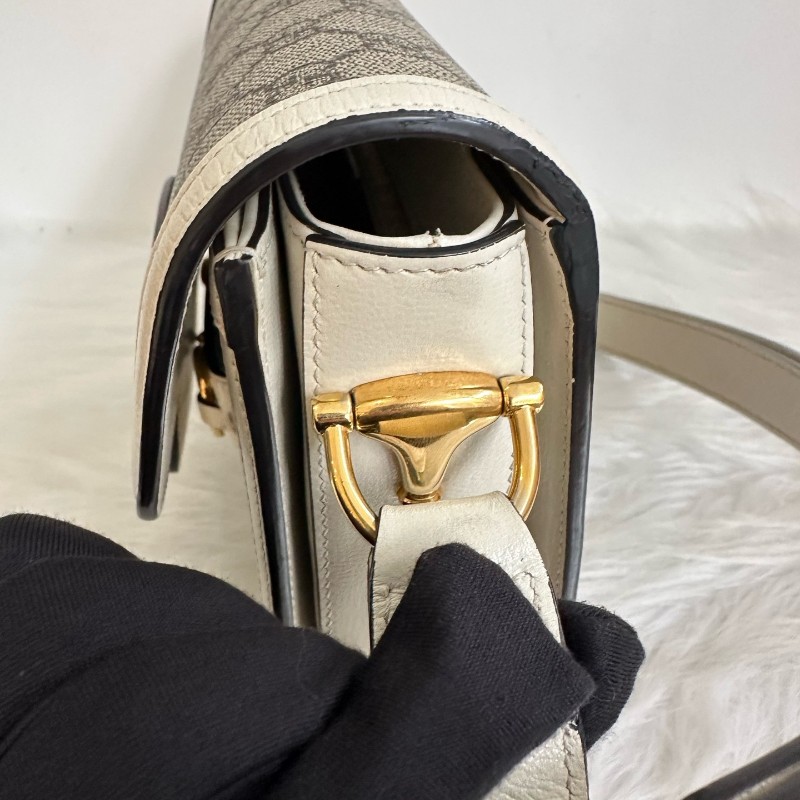 古馳/Gucci Horsebit 1955 中號馬銜扣復古金扣老花Logo 帆布拼皮革 帆布包馬鞍包 肩背包-10