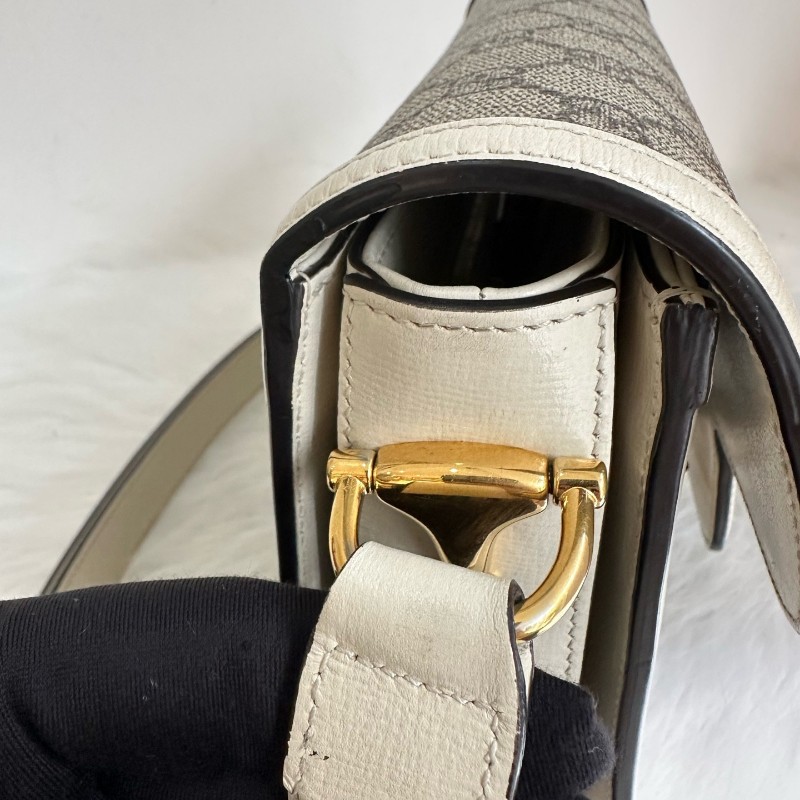 古馳/Gucci Horsebit 1955 中號馬銜扣復古金扣老花Logo 帆布拼皮革 帆布包馬鞍包 肩背包-11
