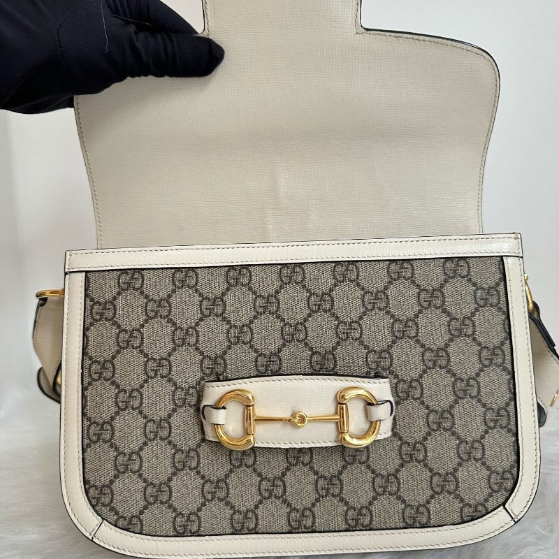 古馳/Gucci Horsebit 1955 中號馬銜扣復古金扣老花Logo 帆布拼皮革 帆布包馬鞍包 肩背包-12
