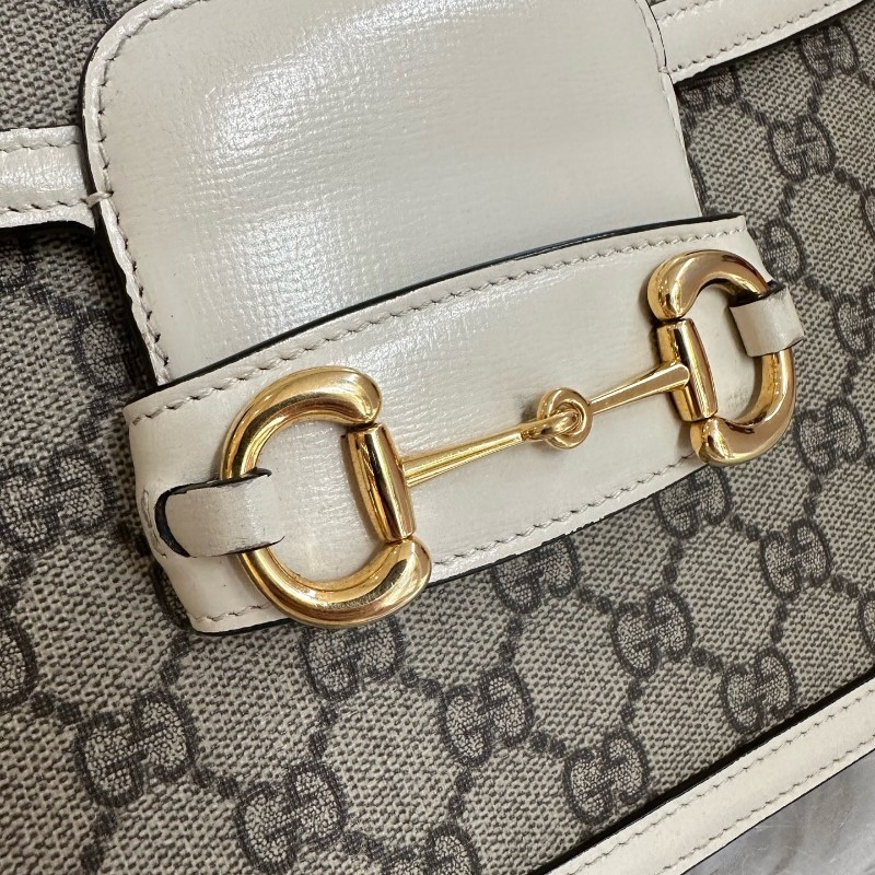 古馳/Gucci Horsebit 1955 中號馬銜扣復古金扣老花Logo 帆布拼皮革 帆布包馬鞍包 肩背包-13