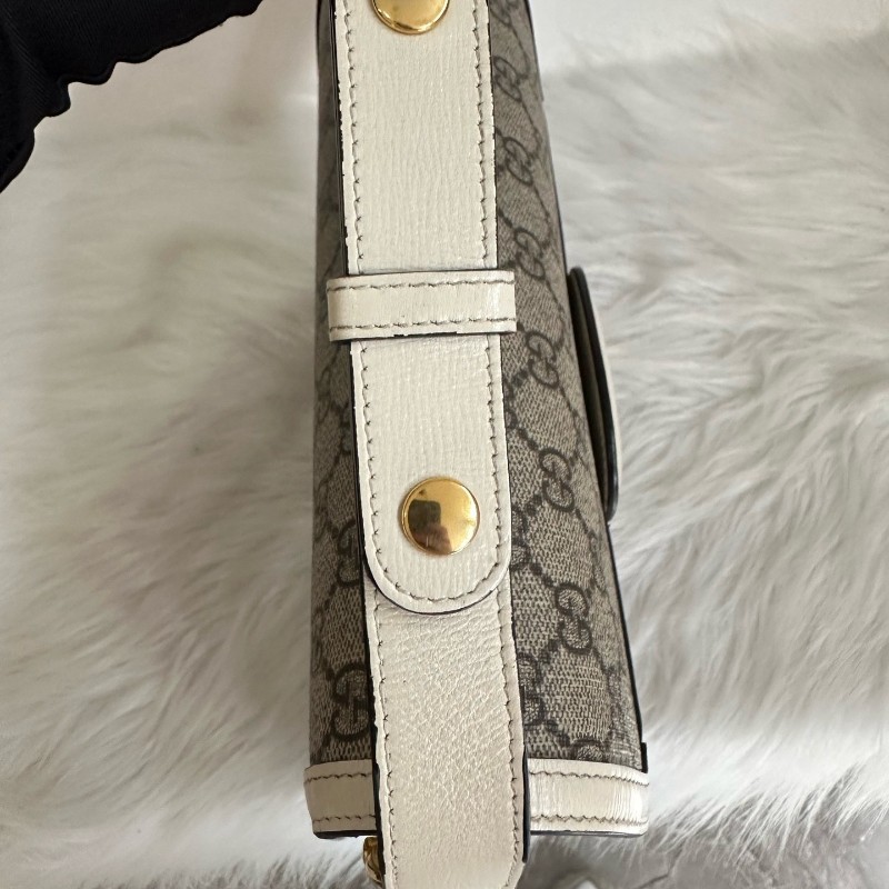 古馳/Gucci Horsebit 1955 中號馬銜扣復古金扣老花Logo 帆布拼皮革 帆布包馬鞍包 肩背包-15