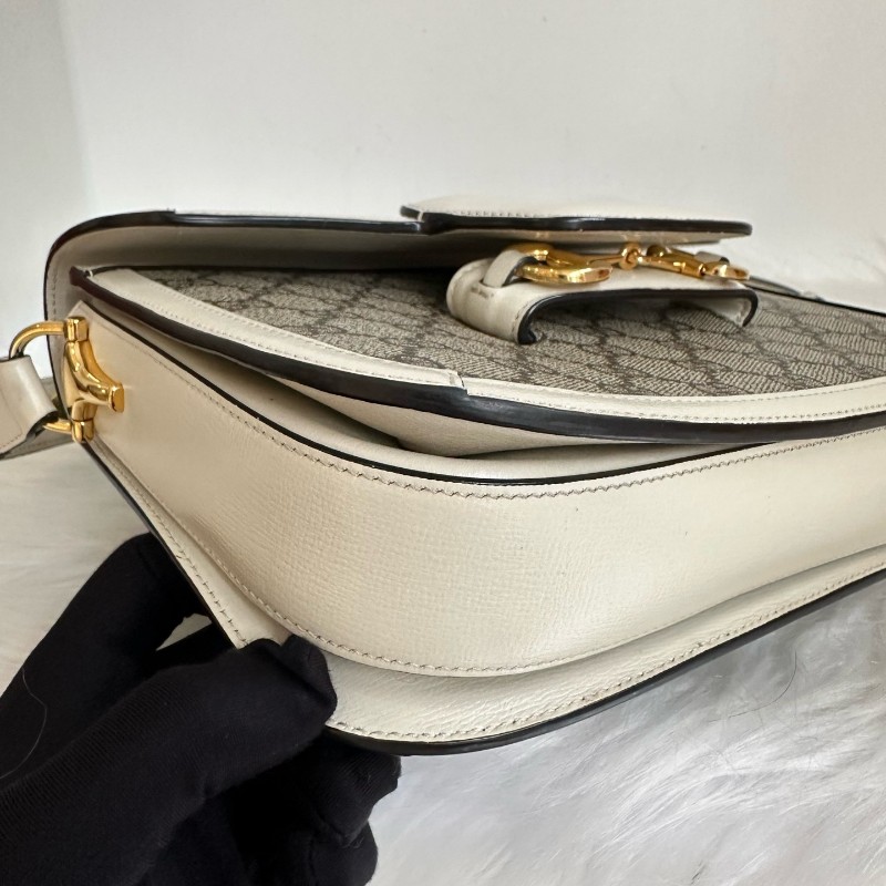 古馳/Gucci Horsebit 1955 中號馬銜扣復古金扣老花Logo 帆布拼皮革 帆布包馬鞍包 肩背包-16