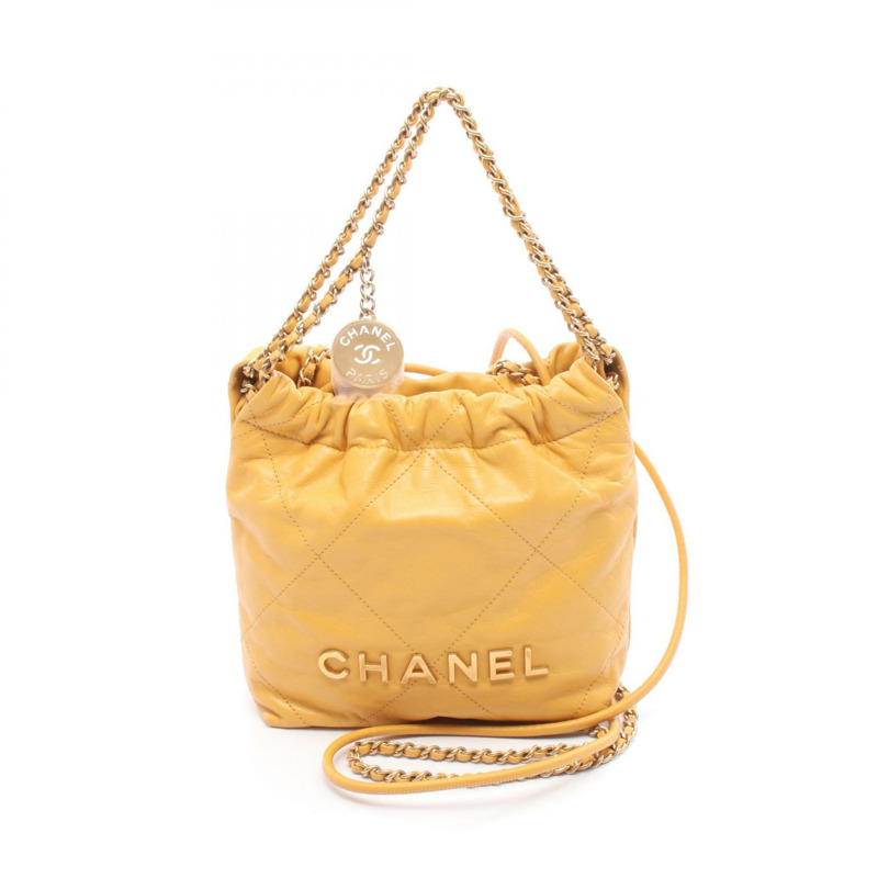 CHANEL 22 迷你斜背包鏈條單肩包 AS3980 皮革黃 GHW 二手女款-0