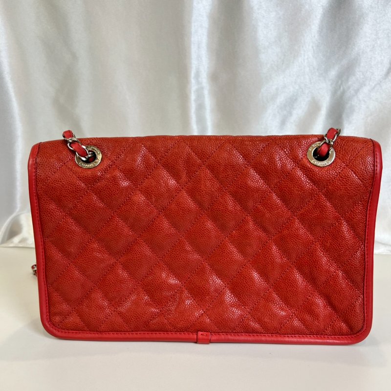 CHANEL 15開 紅色荔枝皮CF型銀鍊包-1