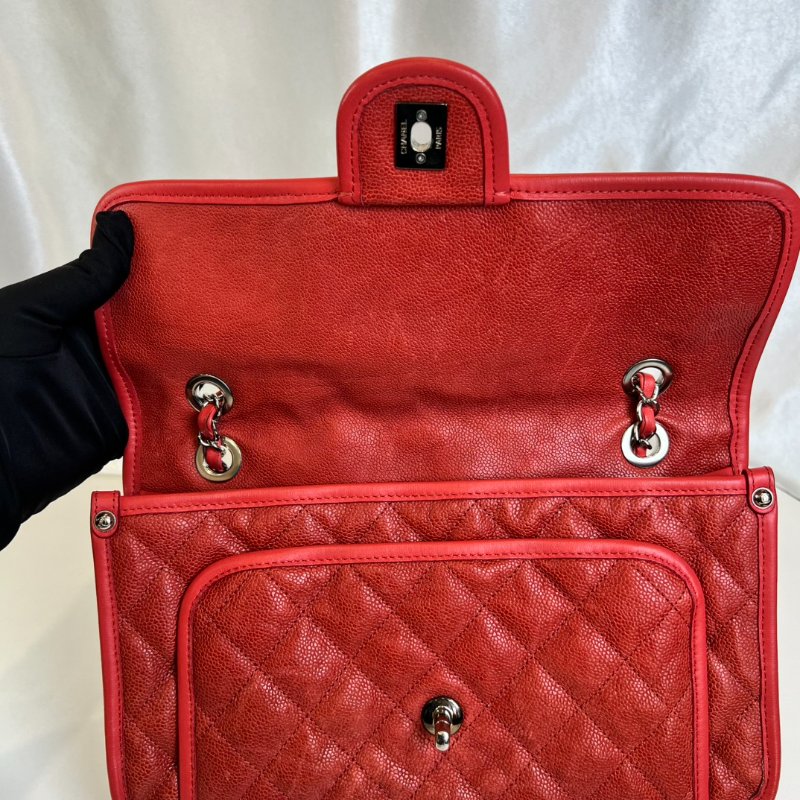 CHANEL 15開 紅色荔枝皮CF型銀鍊包-5