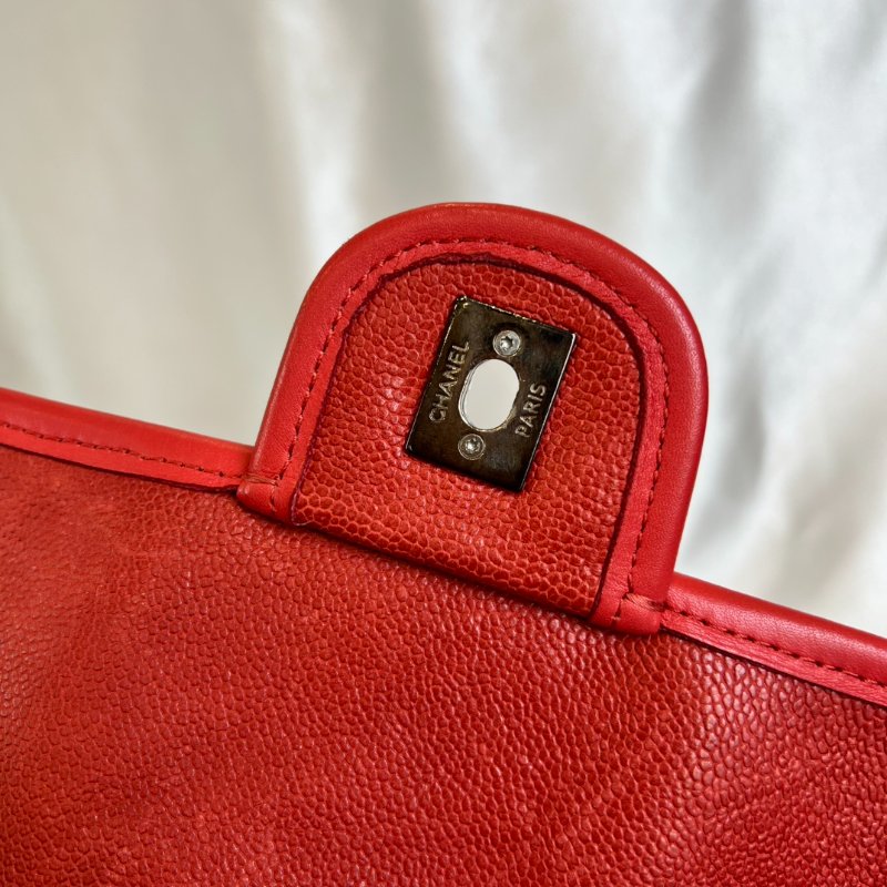 CHANEL 15開 紅色荔枝皮CF型銀鍊包-6