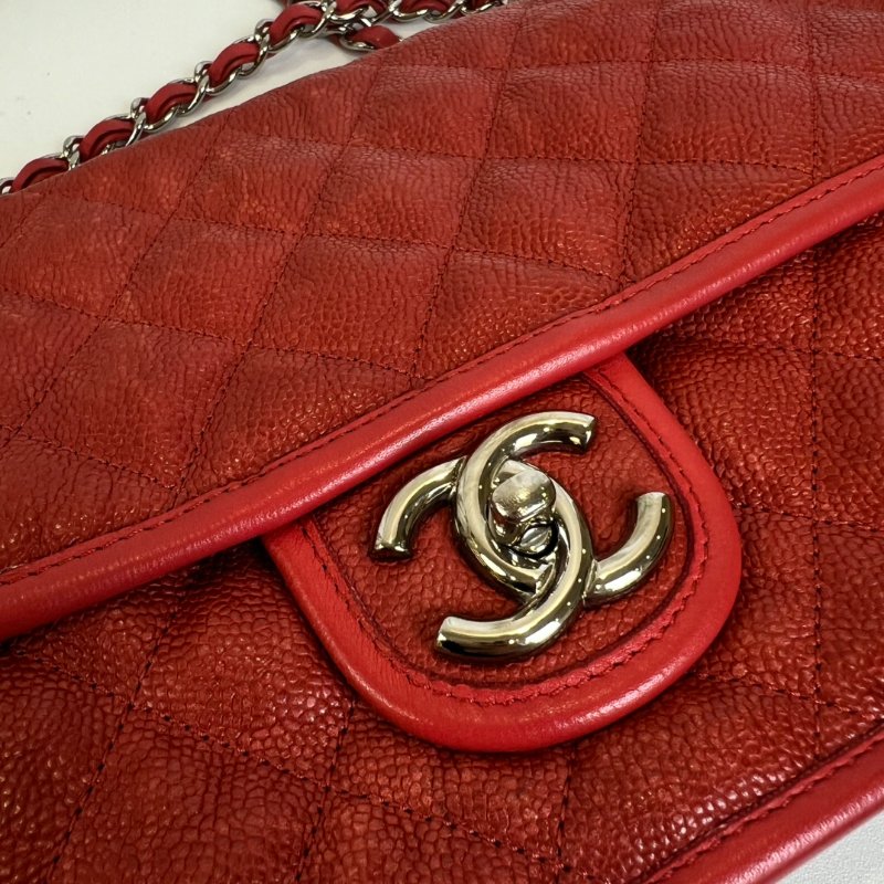 CHANEL 15開 紅色荔枝皮CF型銀鍊包-9