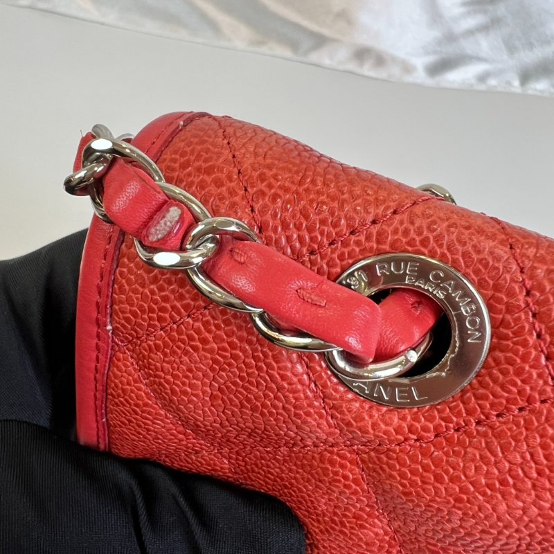 CHANEL 15開 紅色荔枝皮CF型銀鍊包-10
