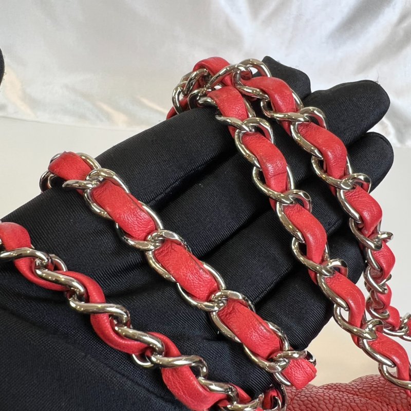 CHANEL 15開 紅色荔枝皮CF型銀鍊包-11