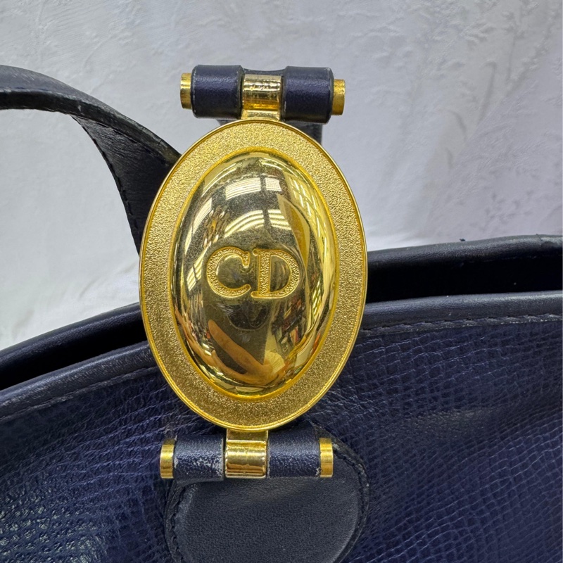 CHRISTIAN DIOR CD Logo Tote Bag Hand Bag Leather Navy x Gold Hardware RARE-6