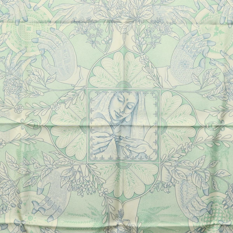 【日本直送】HERMES Carre 90 圍巾「Les chants du Henne」真絲薄荷綠 am8731-5