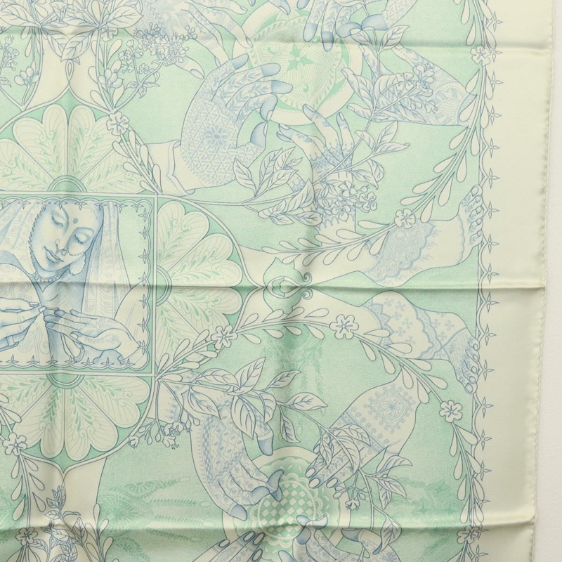 【日本直送】HERMES Carre 90 圍巾「Les chants du Henne」真絲薄荷綠 am8731-6
