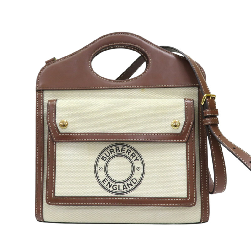 白色帆布 棕色牛皮 Mini Pocket 兩用包 8028062-0