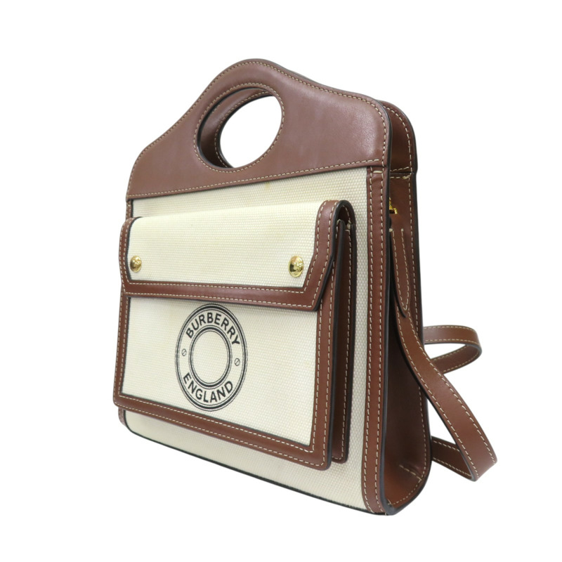 白色帆布 棕色牛皮 Mini Pocket 兩用包 8028062-2